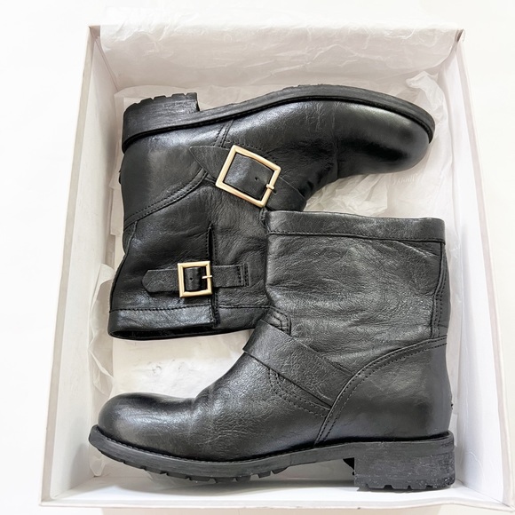 JIMMY CHOO Black Leather with Buckles Youth Biker Boots 38 - Picture 2 of 13